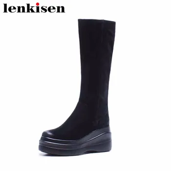 

Lenkisen platform genuine leather zipper round toe super high bottom european design autumn winter women retro ankle boots L62