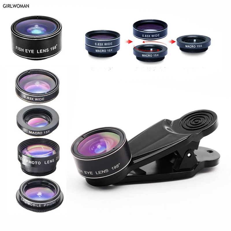 

Girlwoman 5 in 1 Camera Lens Fish Eye Wide 2x Telephoto Lens Cpl Wide Macro Camera Mobile Phone Kit for Samsung Smartphone Lense