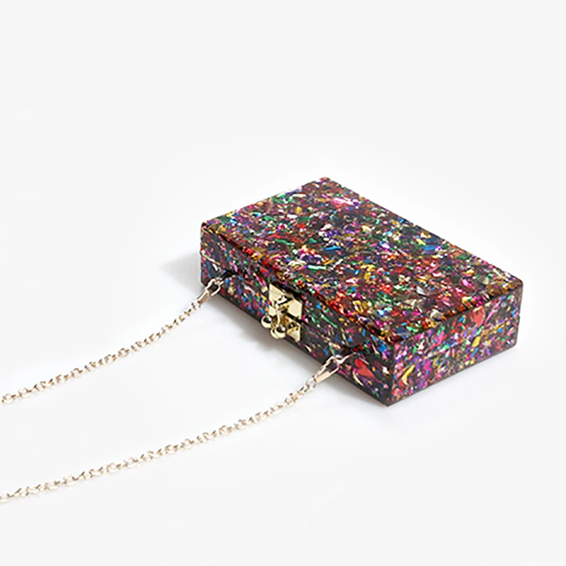 

Women Box Bags Colorful Cluth Sequins Shoulder Bags Acrylic Handbags 2019 New Evening Bag Chain Wedding Bride Flap Crossbody Bag