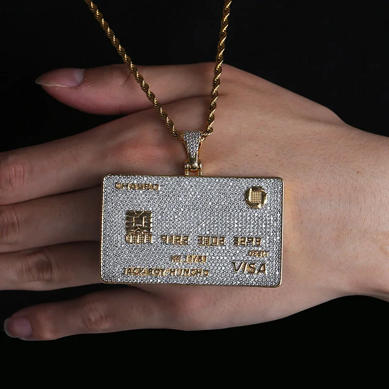 Full Iced Out Credit Card Pendant Necklace Mens Gold Silver Color