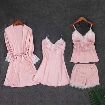 

Red Womens 4PC Strap Top Pants Suit Pajamas Sleepwear Sets Spring Home Wear Nightwear Sexy Kimono Robe Bath Gown Bathrobe M-XL