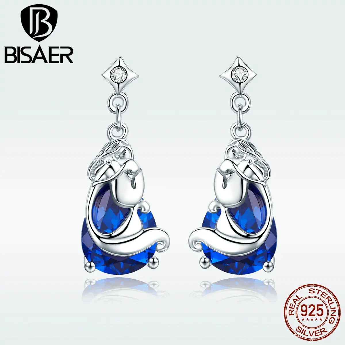 

BISAER Earrings Authentic 925 Sterling Silver Ocean Princess Waterdrop Mermaid Drop Dangle Earrings Women Wedding Gift HSE377