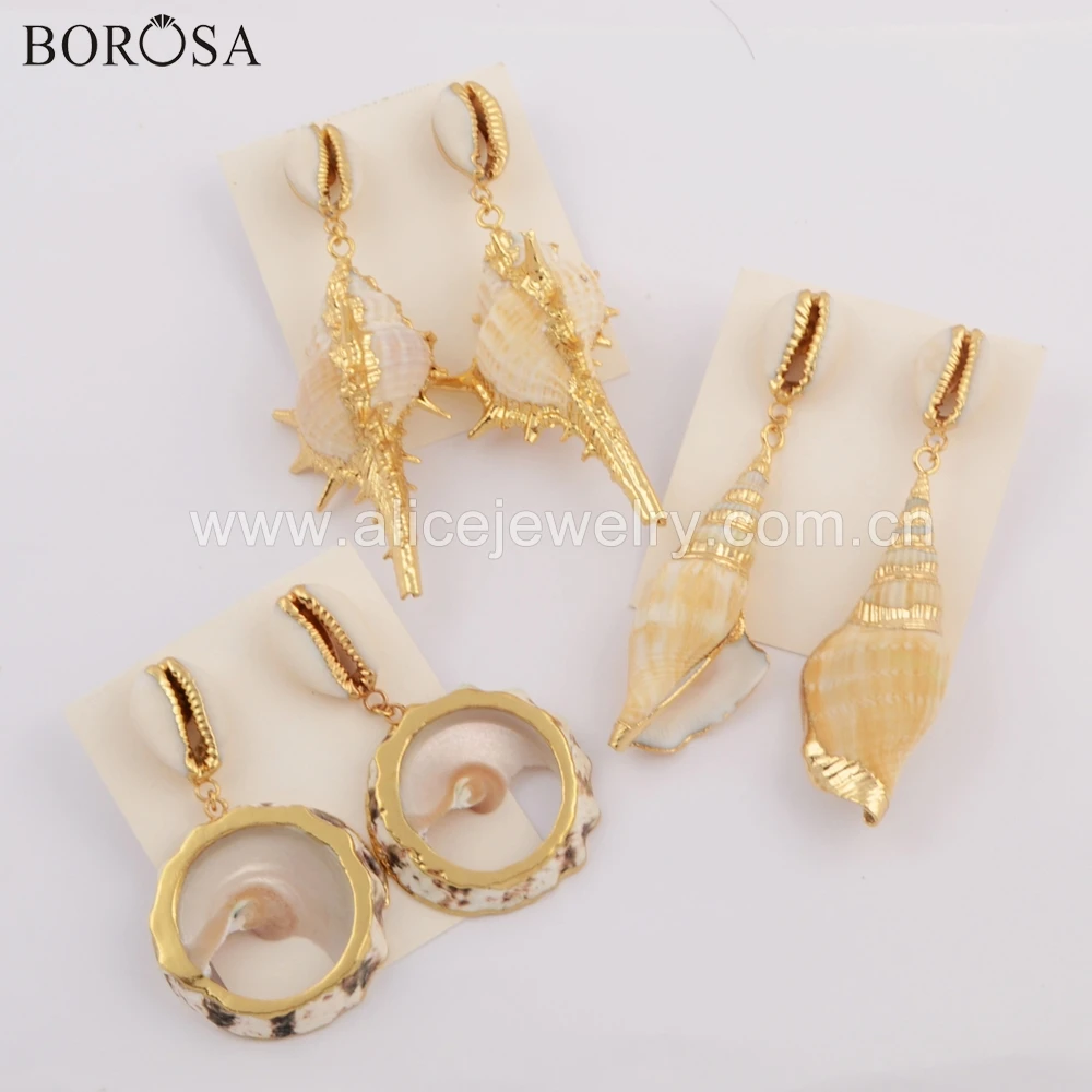 

BOROSA 5Pairs High Quality Gold Color Natural Cowrie Shell & Conch Shell Seashell Drop Earrings for Lady Beach Jewelry G1742