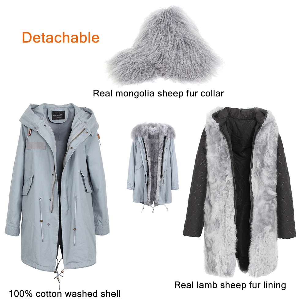 JAZZEVAR Новые зимняя парка женские модные натуральной овечьей шерстью внутри на парка миди Монголия овечьем меху пальто с капюшоном теплая верхняя одежда зимняя куртка