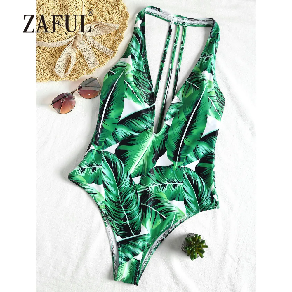 ZAFUL Women Swimsuit Tropical Leaf Padded One Piece Swimwear Sexy Strappy Plunging Neck Swimming suit Women Summer Bathing suit ZAFUL Women Swimsuit Tropical Leaf Padded One Piece Swimwear Sexy Strappy Plunging Neck Swimming suit Women Summer Bathing suit