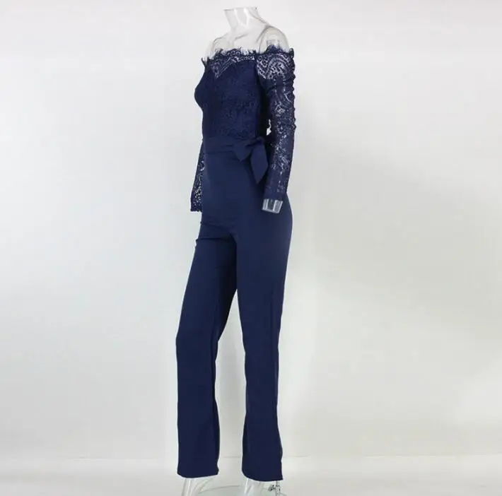 Новая мода сексуальный женский комбинезон с длинным рукавом комбинезон с капюшоном Ползунки длинные брюки кружева украшения 3 цвета - Цвет: dark blue