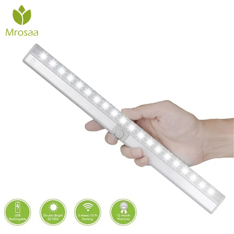 

Mrosaa Cabinet Closet Night Light 20 LED USB Rechargeable Light Sensor & PIR Mtion Indoor Night Lamp for Kitchen Stairs Wardrobe