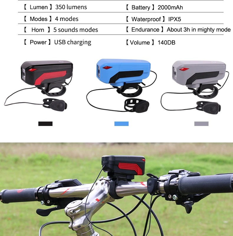 Best WHEEL UP Bike Bicycle Horn Headlight USB Rechargeable LED Lamp IPX5 350 Lumens Cycling Headlight With Horn Handlebar Flashlight 15