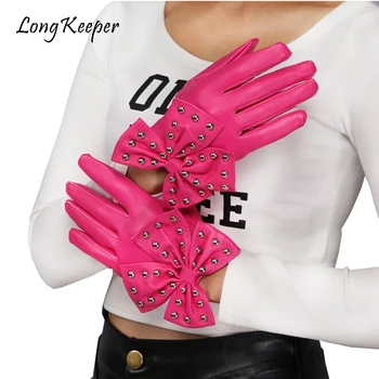 

Long Keeper Faux Leather Gloves For Women Bowknot Ladies's Dance Party Punk Gloves Full Finger Winter Halloween Rivets Gloves