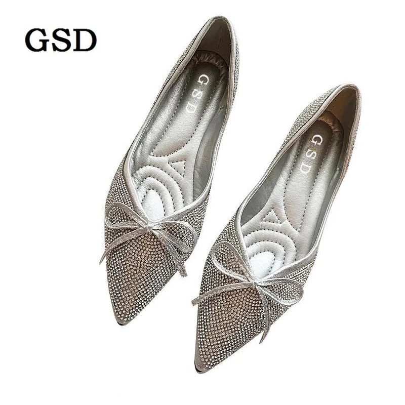 

Ladies Shoes Fashion Rhinestone Bow Women Flats Spring Autumn Slip On Loafers Women Pointed Toe Flat Shoes Woman Silver Flats