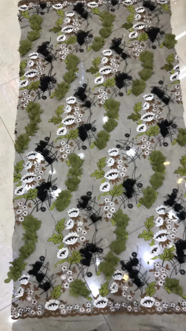 

5 yards color embroidery lace fabric with green 3d Chiffon florals, French haute couture, Handmade heavy lace with flowers