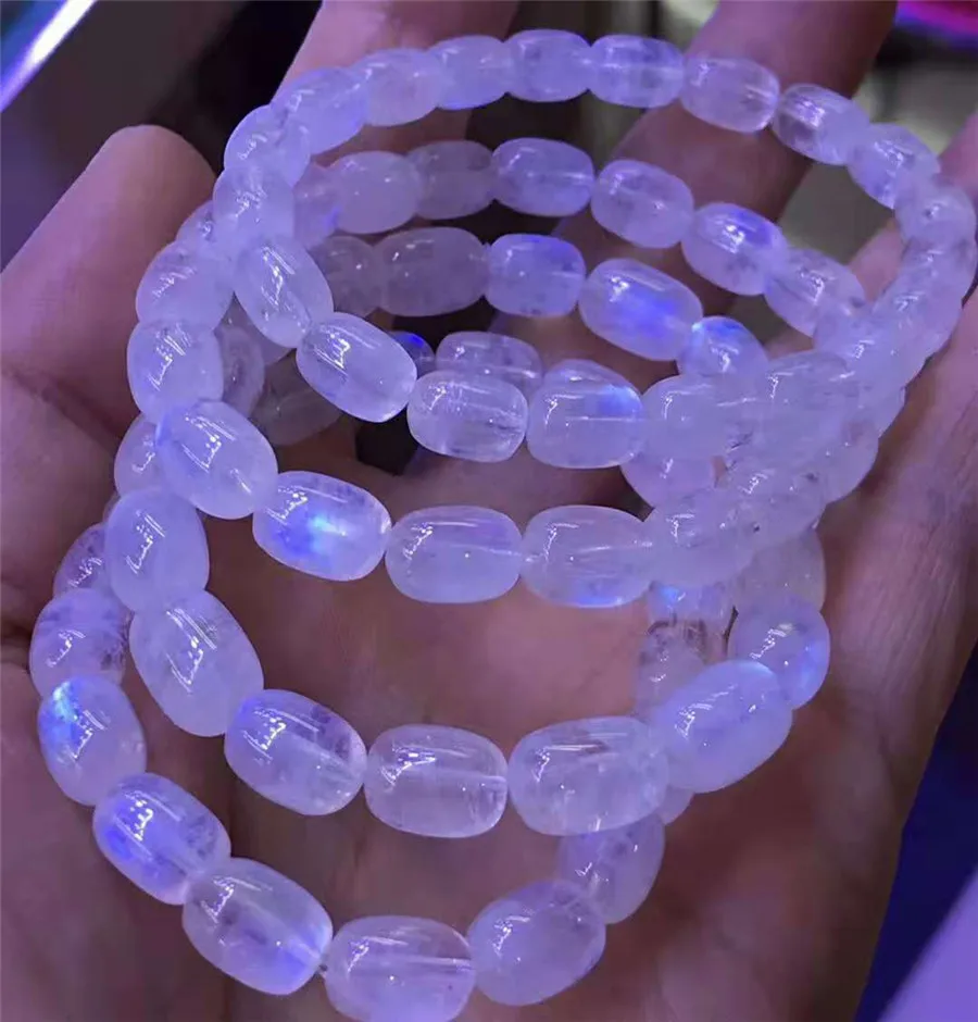 Genuine Natural Strong Blue Light Moonstone Quartz Crystal Barrel Shape Stretch Woman Lady Bracelet 7mm (5)