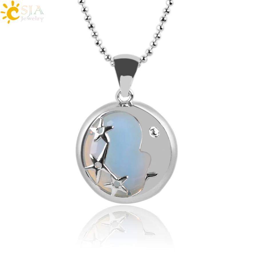

CSJA Reiki Semi Precious Stone Opal Pendant Necklace Female Jewelry Romantic Stars Decoration Round Pendant Back Hollow E912
