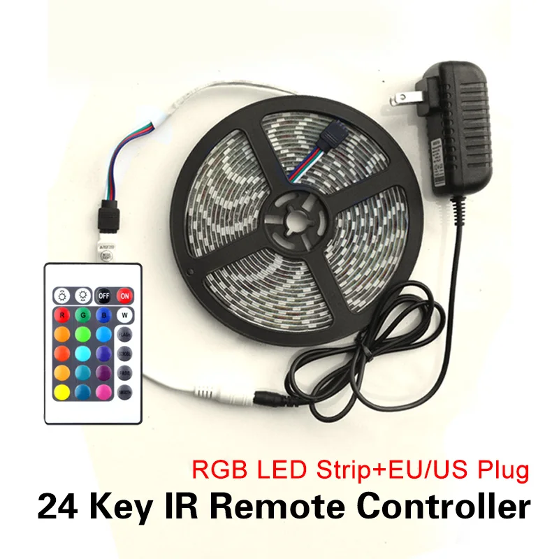 5 метров, 300 светодиодов, RGB, Светодиодная лента, светильник, водонепроницаемый, 2835 DC12V, 60 светодиодов/м, гибкий светильник, лента, теплая, белая, синяя, красная полоса - Испускаемый цвет: RGB 24Key Remote