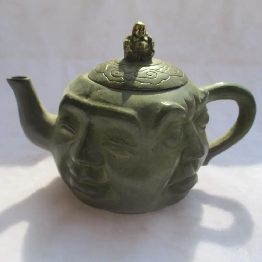 

Chinese Old Bronze Gold gilt Carved "4 face buddha" Tea Pot /Asian Antiques teapot