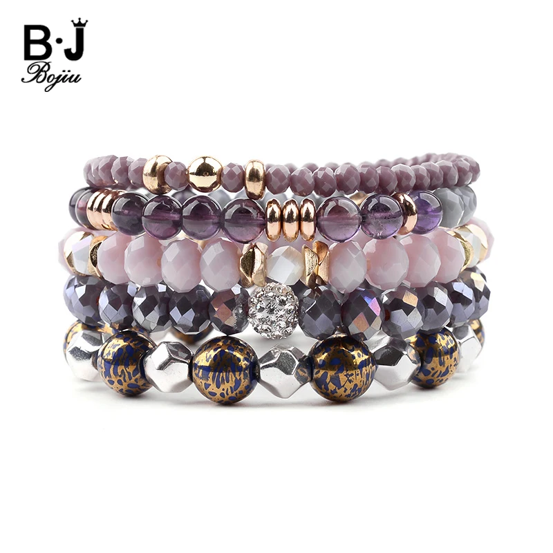 

BOJIU 5 Pcs/Set Trendy Multilayer Women Bracelets Purple Gray Crystal Blue Enamel Violet Quartz Agates Copper Bracelet BCSET244