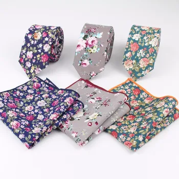 

Rose Narrow Tie Hankerchief Set 100% Cotton Textile Ties Pocket Square Printing Floral Necktie Classic Skinny Flower Tie