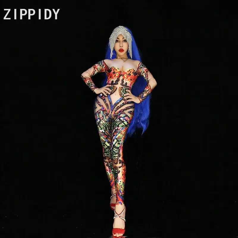 

Multi-color Rhinestones Long Sleeves Spandex Jumpsuit Female Singer Dance Stage Wear Women's Birthday Bodysuit Bar Clothes