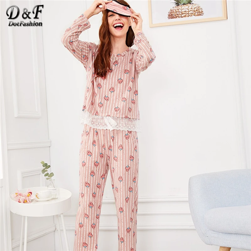 

Dotfashion Pink Strawberry Print Lace Trim Pajama Set With Eye Mask Pajamas For Women 2019 Fall Sleepwear Long Sleeve Nightwear