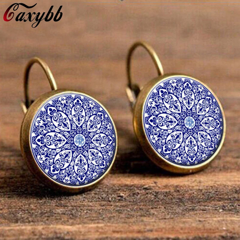

Gaxybb New Round Blue And White Porcelain Pictures Glass Yoga henna art pictures Earring Setting Jewelry popular