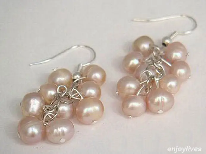 

Free shipping Genuine Pink Pearl 925 Sterling Silver Grape Hook Earrings 6.10