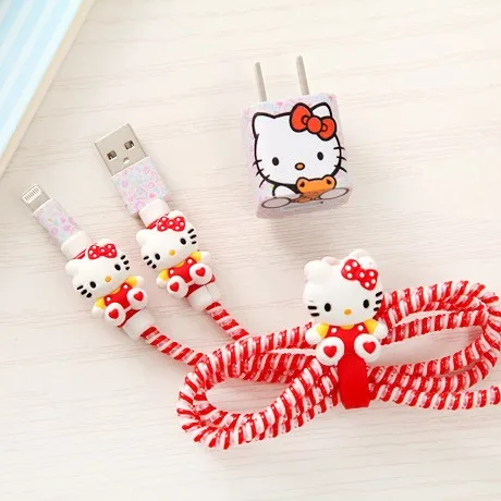 1 комплект мультфильм usb-флеш-накопитель Hello Kitty кабель протектор для наушников с кабельным Стикеры для намотки спиральный usb-шнур с зарядным устройством для iphone 5 6 6s 7