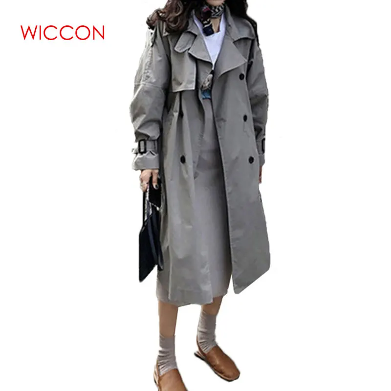 

Women Autumn Korean Windbreak 2019 Fashion Double Breasted Mid-long Trench Coat Mujer Loose Belt large size Outwear