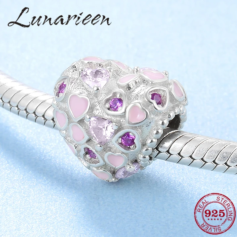 

100% Authentic 925 Sterling Silver Pink heart crystal clear zircon beads Fit Original Pandora Charms Bracelet Jewelry Making