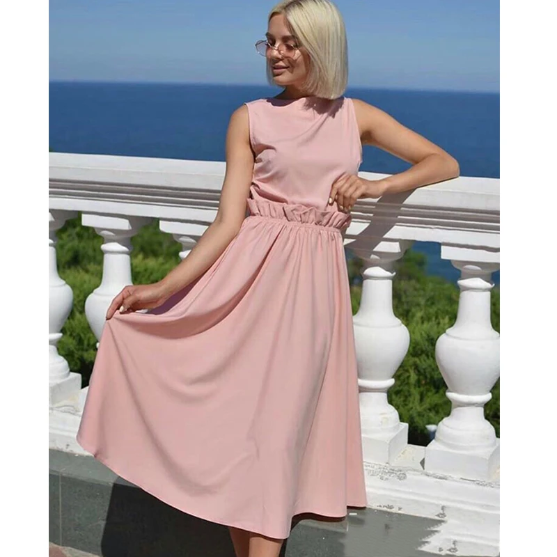 

2019 Summer New Fashion Women's Long Dress Casual O-neck Sleeveless Ruffled Loose Dresses Elegant Beach Women Dress Vestidos