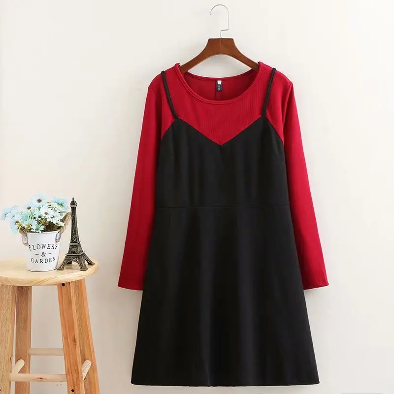 

Plus size O-Neck long sleeve Fake two pieces knitted women dress 2018 Autumn pink & dark red patchwork ladies vestidos female