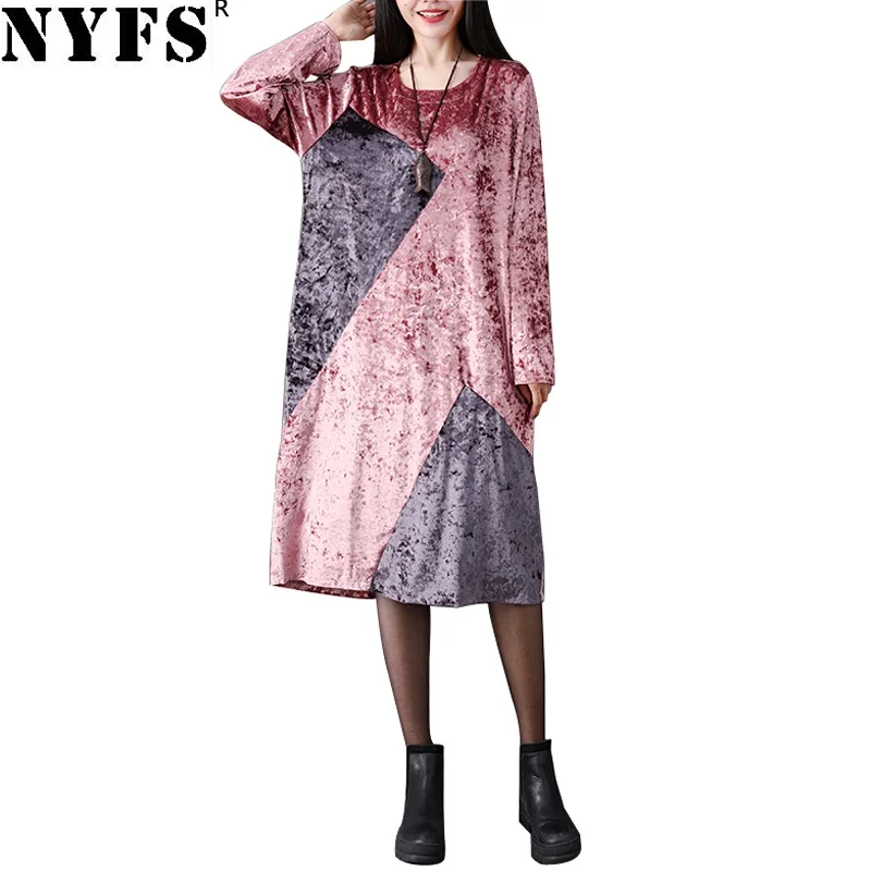 

NYFS 2019 New Autumn dress Vintage Gold velvet Women Dress Loose Comfortable long dress Vestidos Robe Dresses