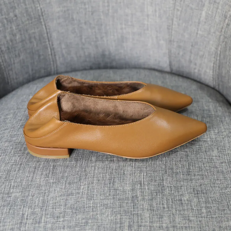 MEZEREON/Женская обувь на плоской подошве с кроличьим мехом удобная женская обувь без застежки на плоской подошве из натуральной кожи женская обувь с острым носком