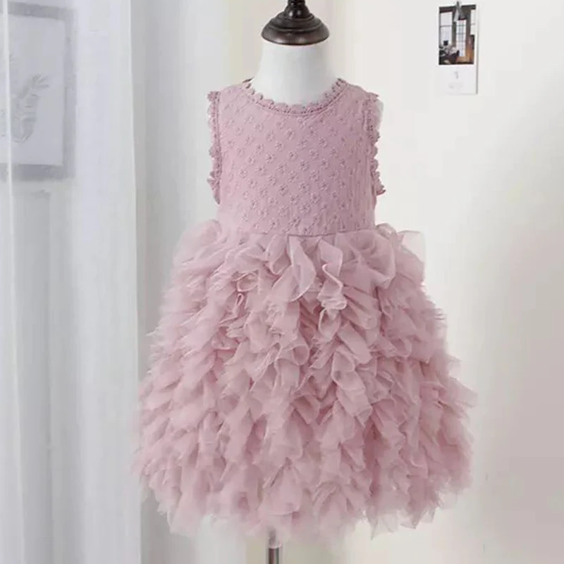 Melario/кружевное платье для девочек, новинка года, стиль принцессы, Детская сетчатая одежда, платье, Детские однотонные свадебные платья, летнее платье для девочек - Цвет: AX937 Pink