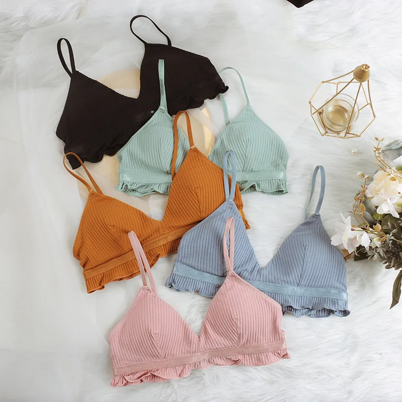 

Push Up Wireless Bra Sexy Comfort Bralette Set Cotton Padded Underwear Suits Ruffle Bottom Bikini Panties Low Waisted Bottom