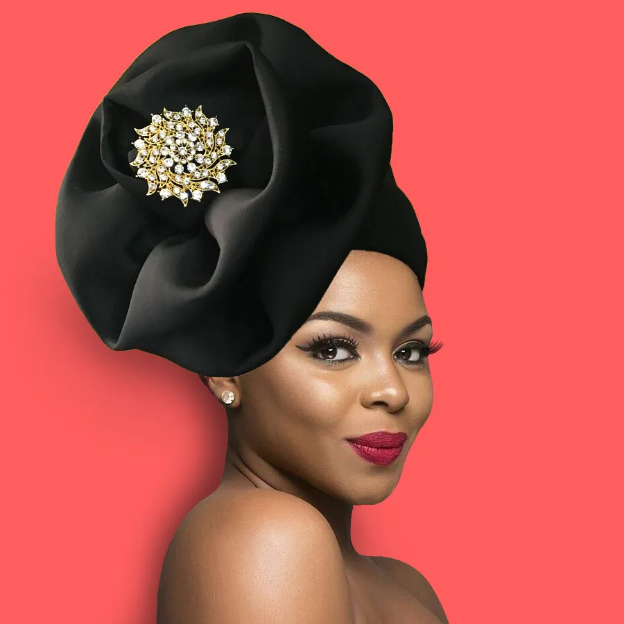 Твердый Африканский тюрбан большой цветочный дизайн головной убор для модных женщин головной убор со значком - Цвет: black