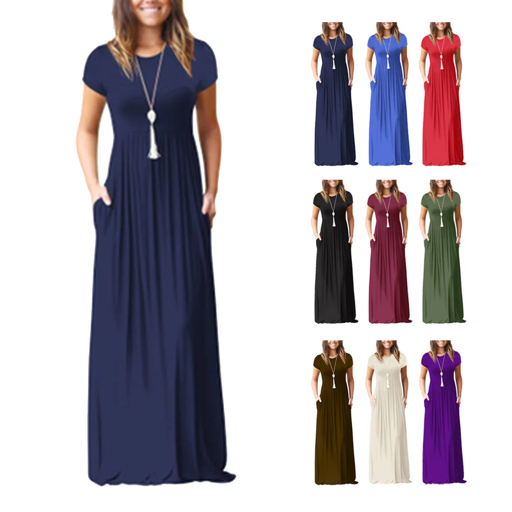 Women Short Sleeve Maxi Dress With Pockets Plain Loose Swing Casual ...