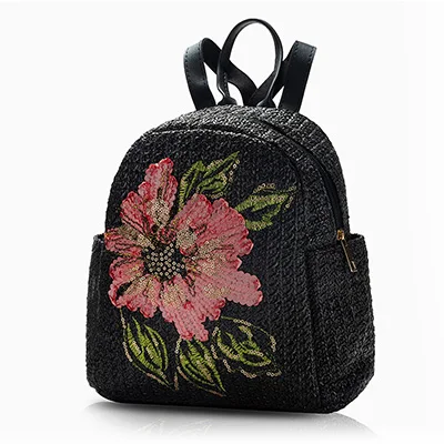 Тканый соломенный рюкзак для женщин из ротанга с цветочным принтом, школьные сумки для путешествий, женский пляжный Школьный рюкзак, летний женский рюкзак для девочек Mochila - Цвет: black