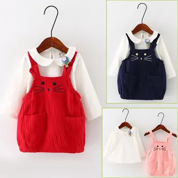 

2pcs Set Lively Baby Girls Clothes Toddler Kids Cute Cat Dress Suit Shirt With Overalls Children Clothing Sets China Cheap Suits
