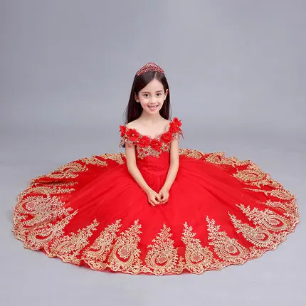 

100%real children girl red with golden embroidery flower shoulder medieval dress princess beauty dress/dance/stage performance