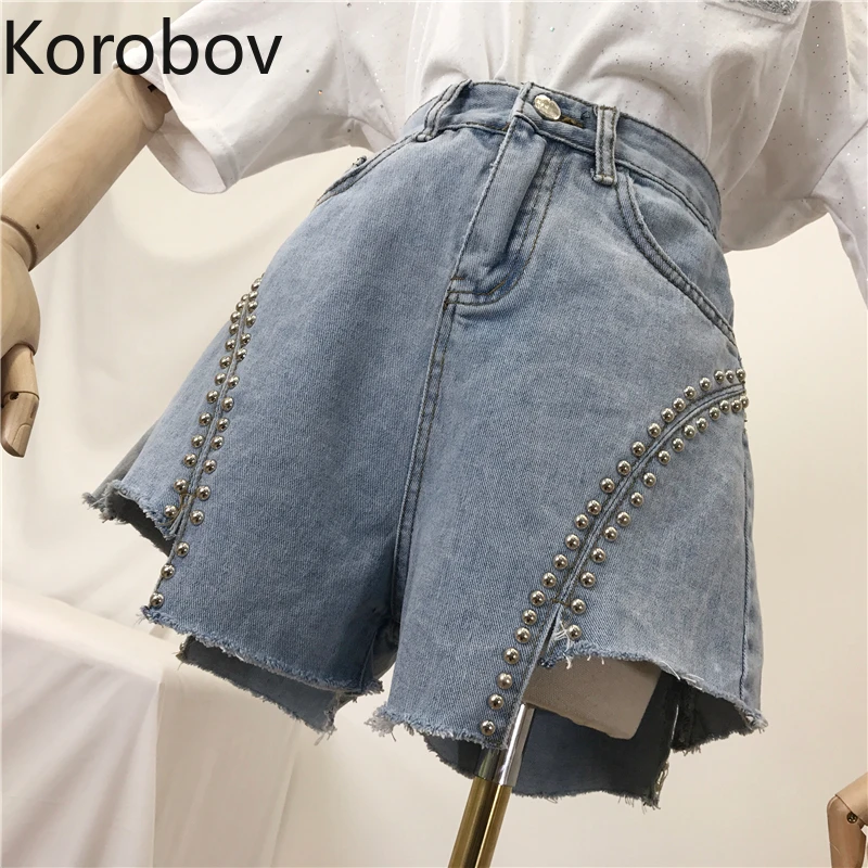 

Korobov Jean Shorts Korean High Street Fashion Women Shorts Rivet High Waist Denim Shorts Female Zipper Irregular Shorts 77897