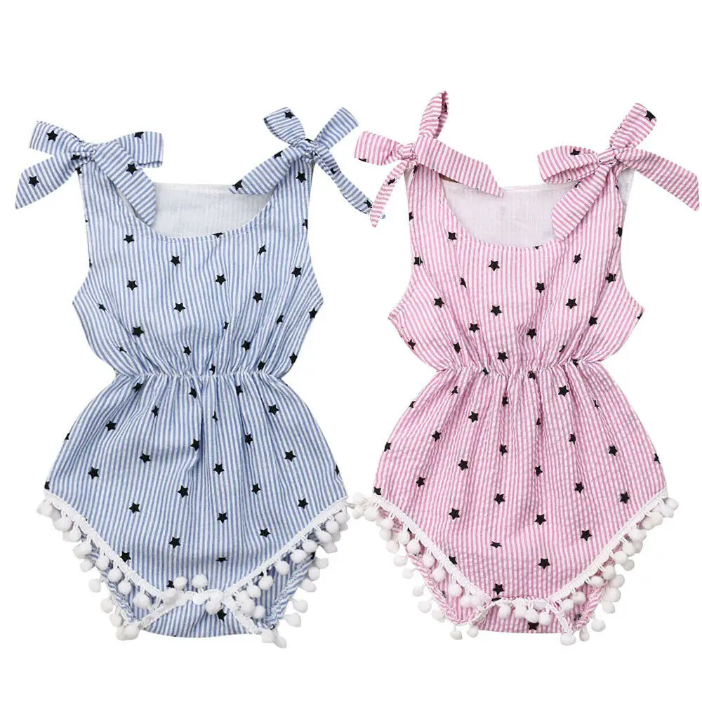

Infant Newborn Baby Girls Boys Bodysuits Clothes Striped Print Sleeveless Belt Tassel Playsuit Sunsuit Jumpsuit