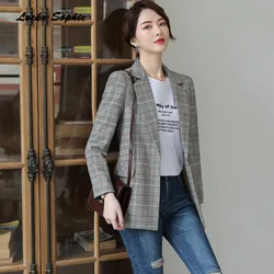 1pcs Women's Plus size Long Blazers coats 2019 Autumn Fashion cotton blend plaid Small Suits jackets ladies Skinny Blazers Suits 1pcs Women's Plus size Long Blazers coats 2019 Autumn Fashion cotton blend plaid Small Suits jackets ladies Skinny Blazers Suits