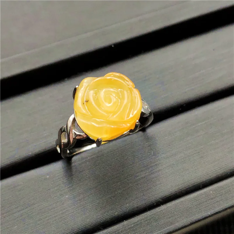 Natural Yellow Amber Gemstone Ring Flower Shape Adjustable 925 Sterling Silver For Woman Man Fashion Wedding Engagement Ring