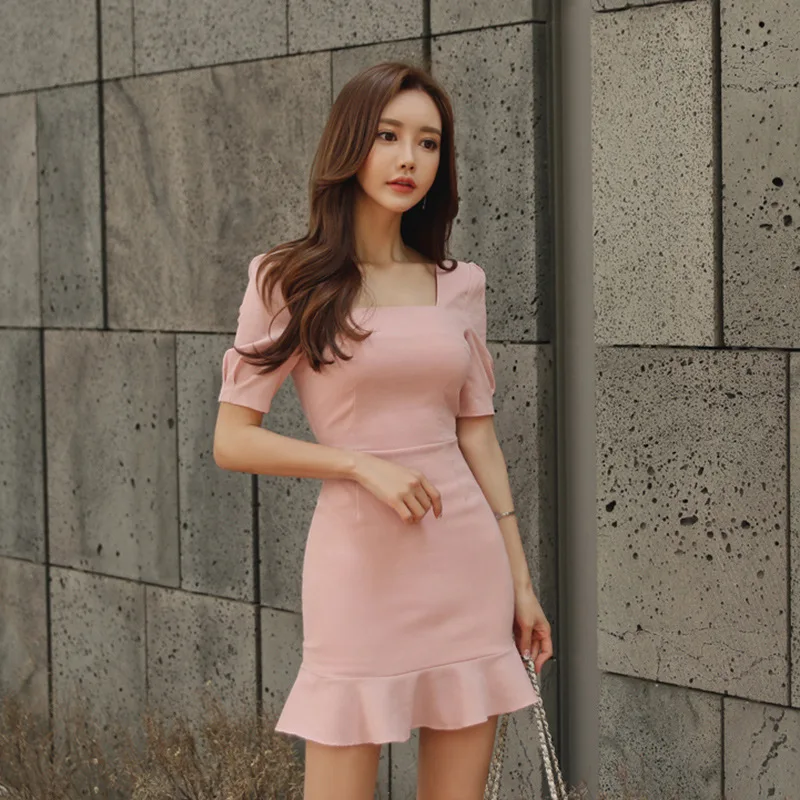 Summer Women Pencil Dress Pink Short Sleeve Square Collar Ruffles Casual  Office Lady Mini Dress Elegant Ladies Dresses Vestidos|Dresses| - AliExpress
