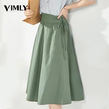 Vimly Summer Midi Lace Up Women Skirt Casual A Line Ladies High Waist Skirt Ladies Green Blue Solid Color Elegant Street Wear