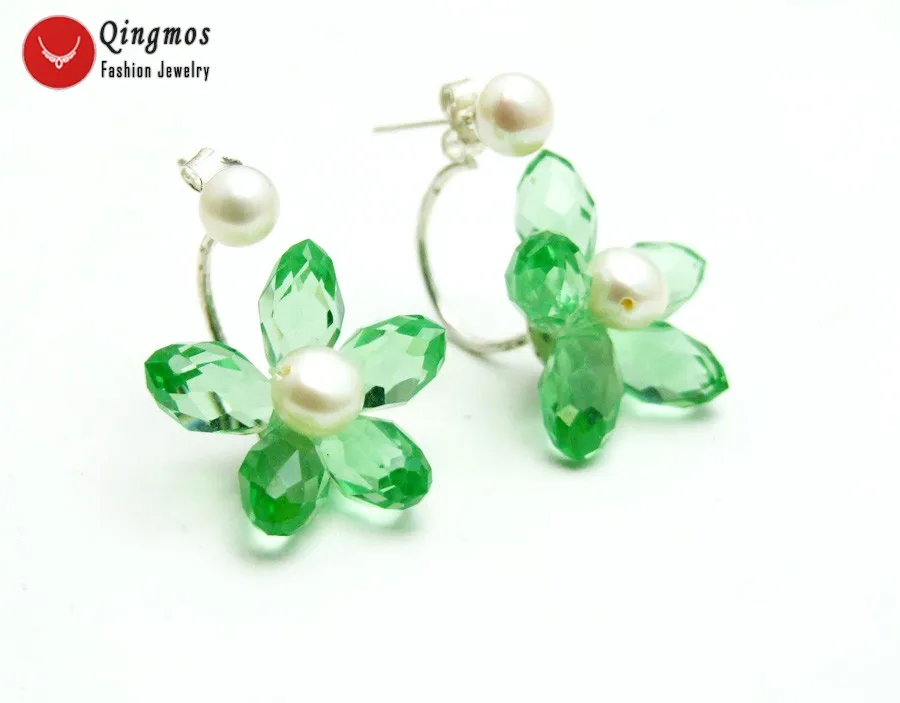 

Qingmos Natural Pearl Earrings for Women with 5-6mm White Pearl & Green Flower Crystal Earring Double Sided Ear Stud Jewelry 705