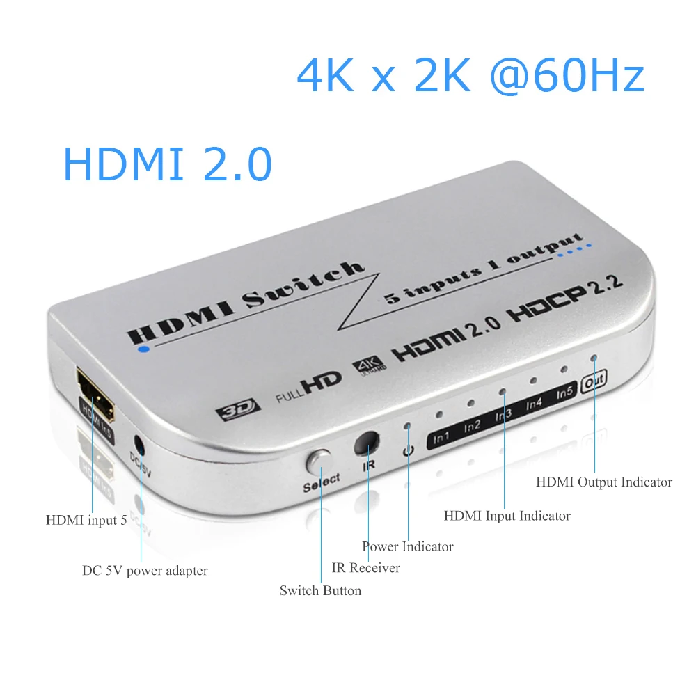 Perlinta 5 до 1 HDMI 2 0 переключатель адаптер 4Kx2K @ 60 Гц 3D HDCP кнопка и дистанционное