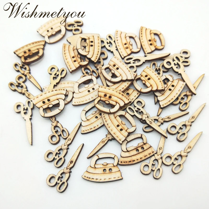 

WISHMETYOU 50PCS Sewing Pattern Wooden Slices Cute Scissors Iron Wood Diy Crafts Handmade Home Decoration Scrapbooking Accessory