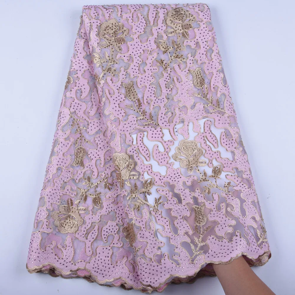 

Pink African Lace Fabric 2019 High Quality French Mesh Lace Fabric Stones Nigerian Lace Gold Line Milk Silk Lace Fabrics 1601