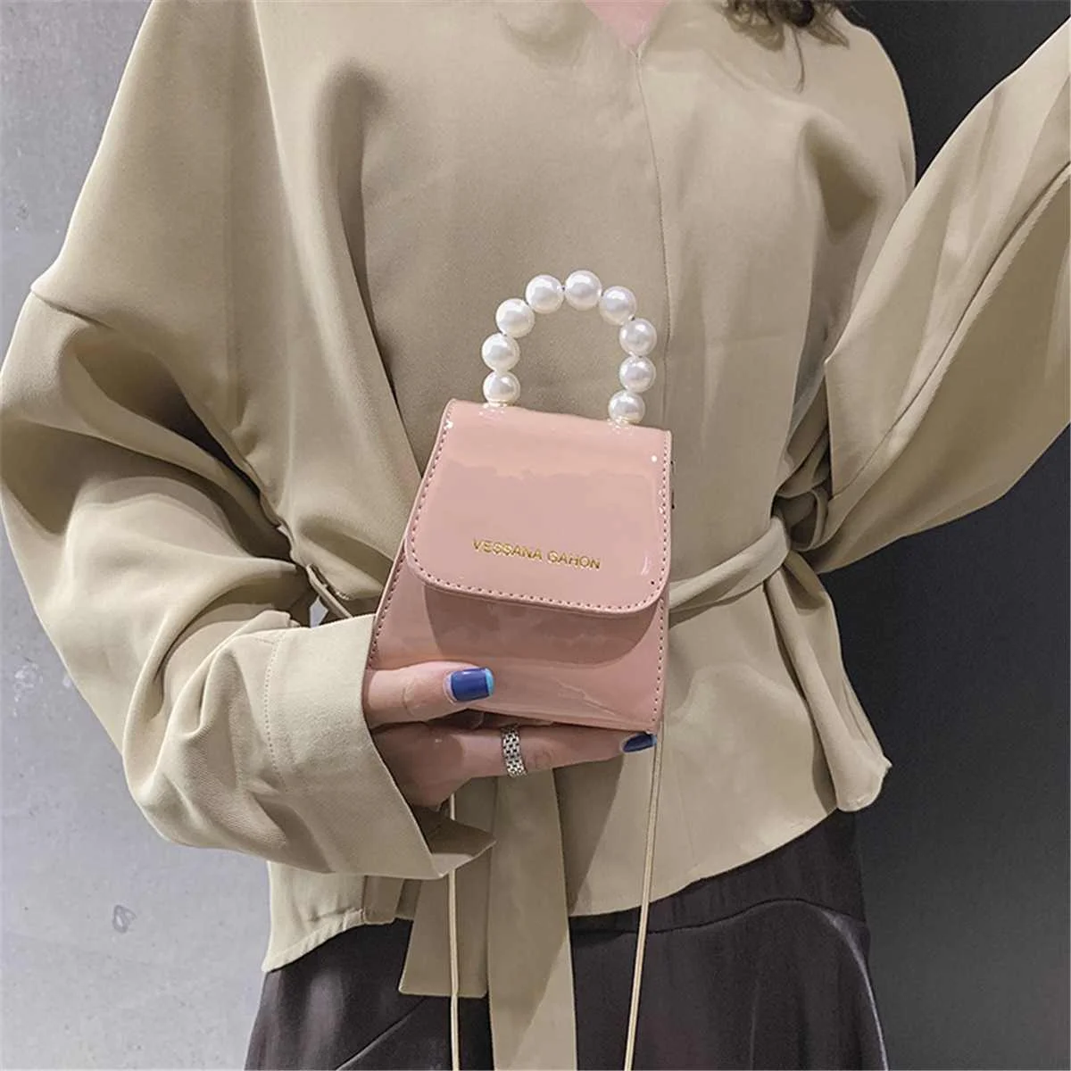 Милая мини-сумка-тоут с жемчужной ручкой и цепочкой, женская сумка на плечо, вечерняя сумка через плечо для девочек, женская сумка из искусственной кожи - Цвет: Pink S